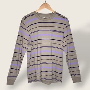 Converse Mens‎ Striped Long Sleeve T-Shirt Pocket Top Casual Beige Purple